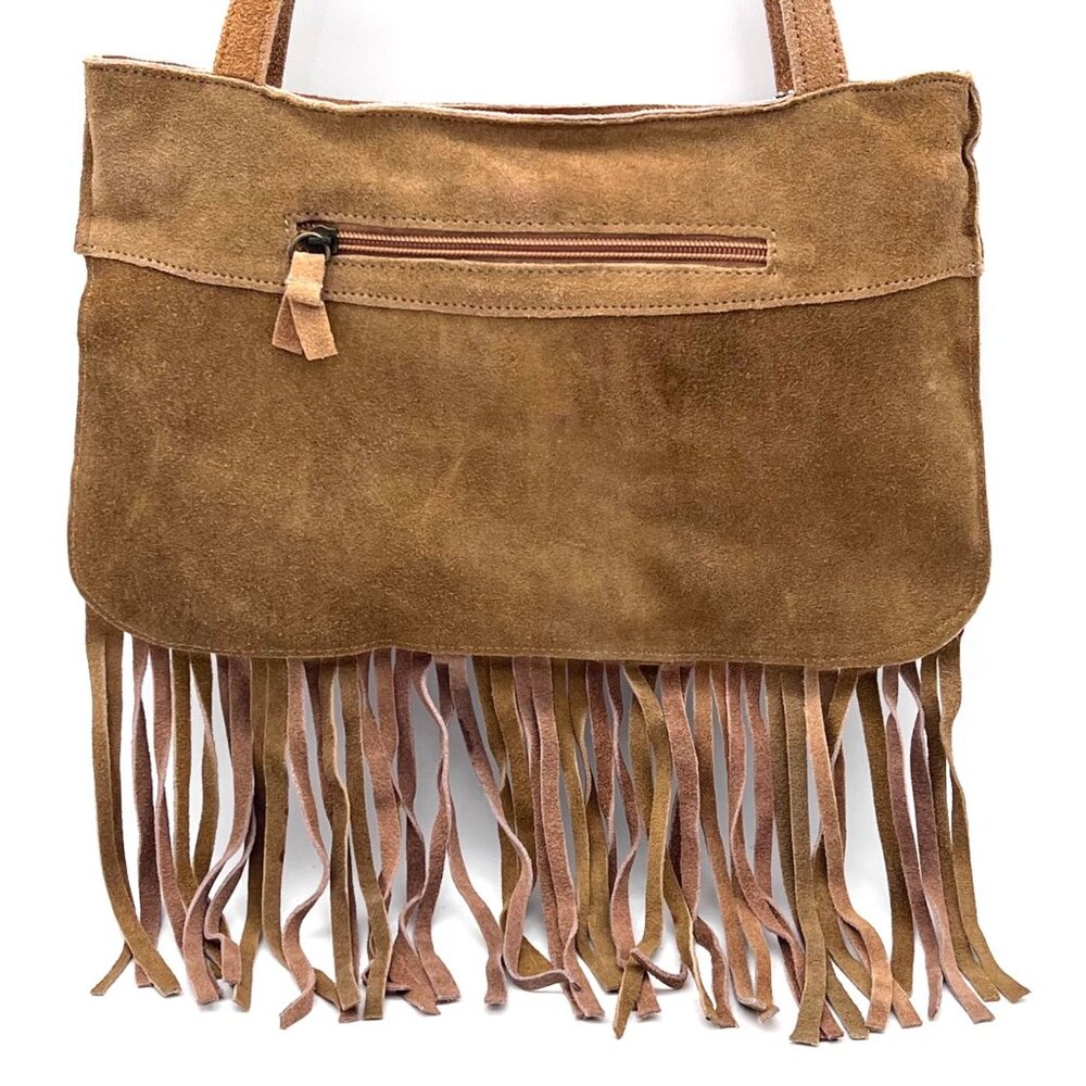 Genuine Leather Fringe Handbag Purse Grommet Brown Shoulder Strap Zip Pockets - Picture 4 of 12